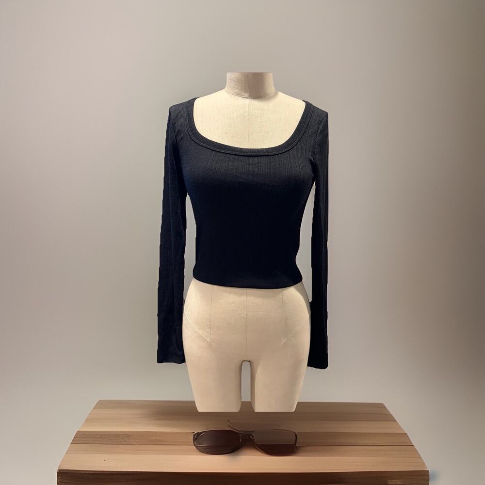 Wild Fable Women Small Trendy Square Neck Black Long Sleeve Pointelle Shirt New